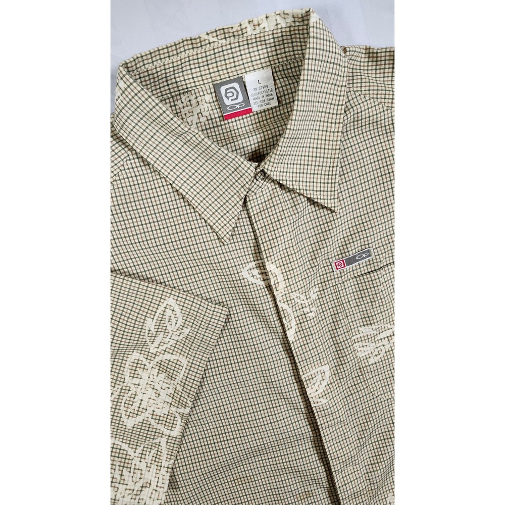 Vintage Y2K Ocean Pacific Op Mens L Plaid Hibiscus Floral Surf Shirt Tan 0036